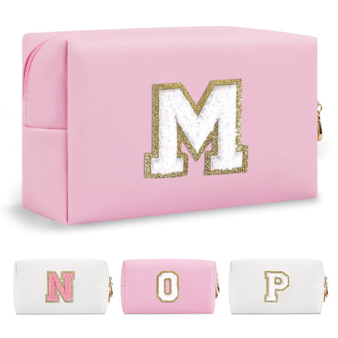 Personalized Initial A-Z Preppy Patch Makeup Bag, Small PU Chenille Letter Cosmetic Bag for Teen Girls