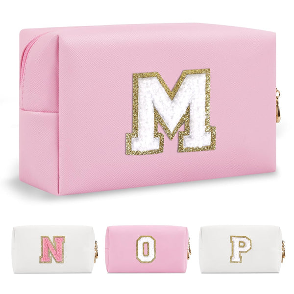 Personalized Initial A-Z Preppy Patch Makeup Bag, Small PU Chenille Letter Cosmetic Bag for Teen Girls