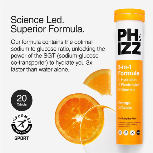 Phizz Electrolyte Multivitamin Rehydration Tablets - 19 Vitamins & Minerals, Energy Boost, Orange, 20 Tablets