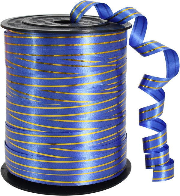 TONIFUL Blue Curling Ribbon, Gold Rimmed, 250 Yards for DIY Decor, Gift Wrapping, Christmas, Birthday Supplies