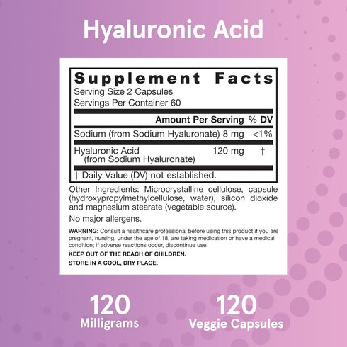 Jarrow Formulas Hyaluronic Acid - 120 mg, 120 Veggie Capsules - Dietary Supplement for Skin Health Support, Up to 60