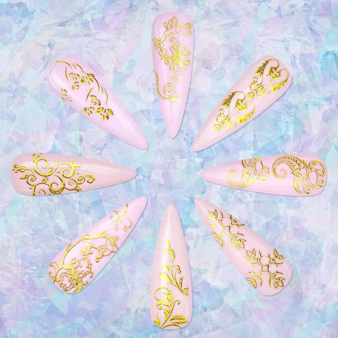 KISSBUTY Metallic Flowers & Vine Nail Decals, 20 Sheets 3D Flower Lace Adhesive Stickers, Gold Floral Nail Decor