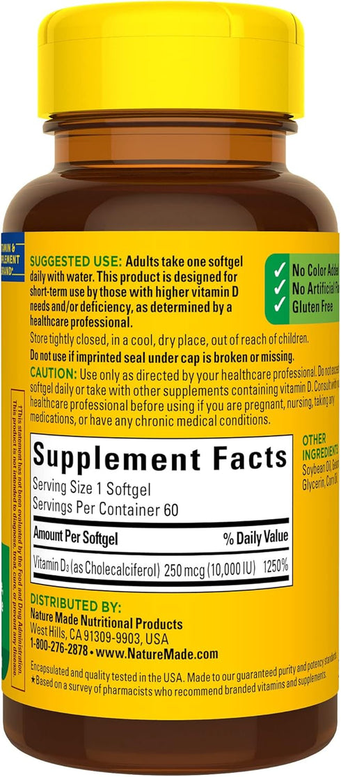 Nature Made Maximum Strength Vitamin D3 10000 IU, 60 Softgels - Dietary Supplement for Bone and Immune Health