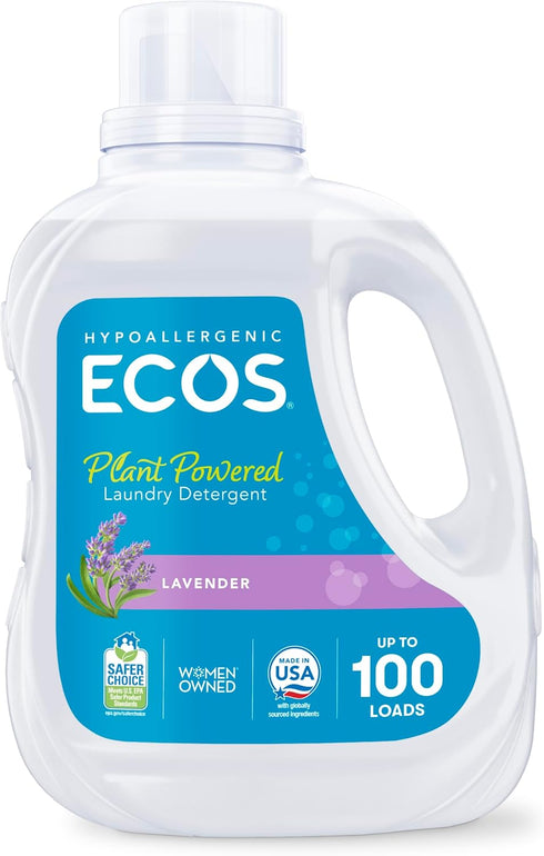 ECOS Laundry Detergent Liquid, 100 Loads, Hypoallergenic, Plant-Powered, Lavender, 100 Fl Oz
