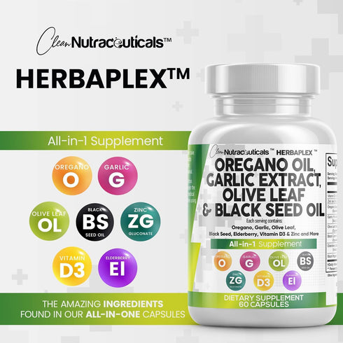 Oregano Oil 6000mg, Garlic Extract 4000mg & More - Immune Support & Digestive Health - 60 Caps