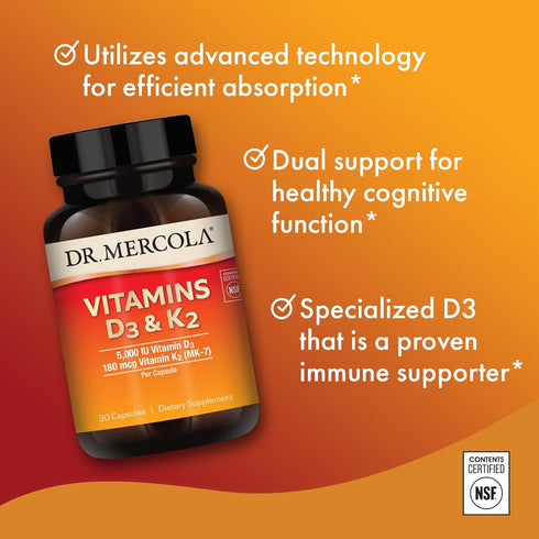 Dr. Mercola Vitamins D3 & K2 - 30 Servings, Dietary Supplement, Supports Immune Health, Non-GMO
