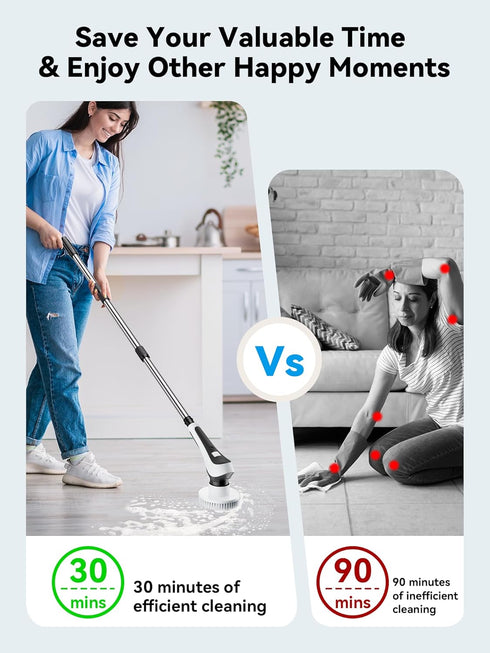 Electric Spin Scrubber, Cordless Cleaning Brush with Power Display, IP68 Waterproof, 8 Replaceable Brush Heads