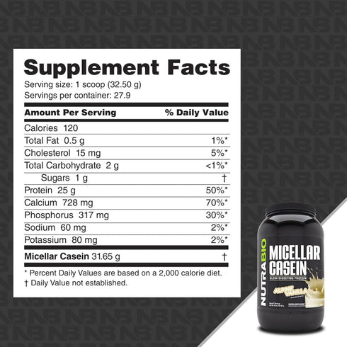 NutraBio Micellar Casein Protein Powder, 2 lbs Alpine Vanilla, Slow Digesting for Muscle Growth