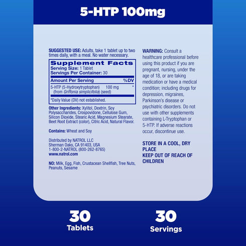 Natrol 5-HTP 100mg, Drug-Free Dietary Supplement for Balanced Mood, 30 Fast Dissolve Tablets, Mixed Berry Flavor