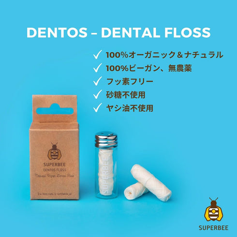 SuperBee Dentos Floss, 3 Spools Natural Corn Fiber Floss for Sensitive Gums, Peppermint Flavored, Vegan Oral Care