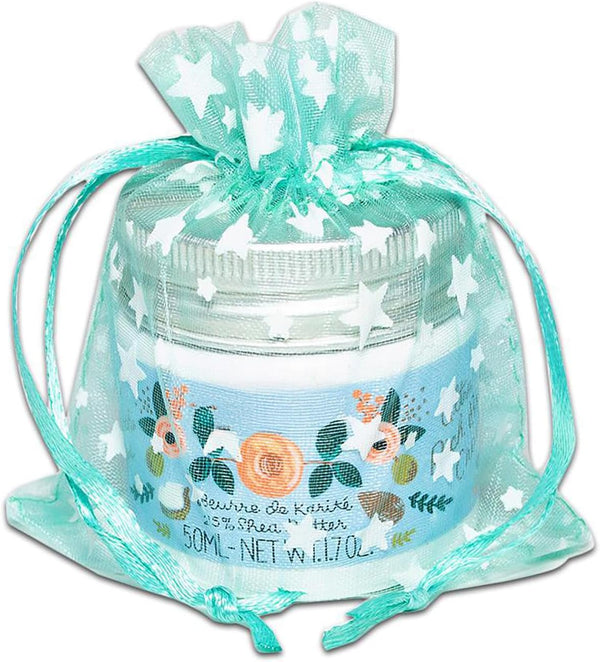 100-Pack 3x4 Sheer Organza Drawstring Gift Bags (Small), Metallic Stars (Teal/White) for Wedding Party Favors