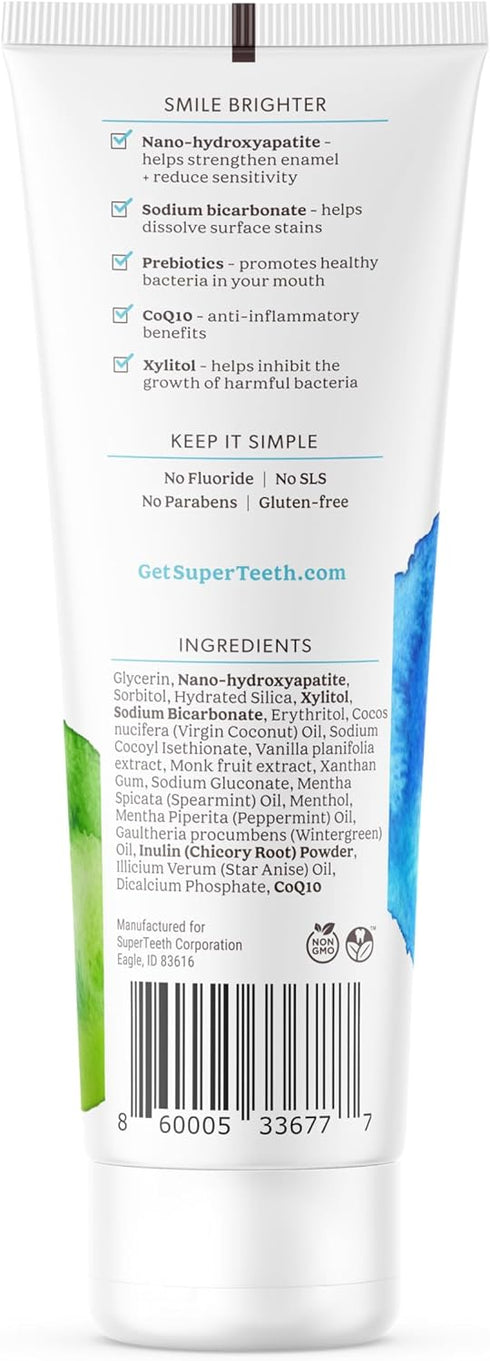 SuperTeeth Whitening Nano Hydroxyapatite Toothpaste, Remineralizing Fluoride-Free Toothpaste with Xylitol, Freshens