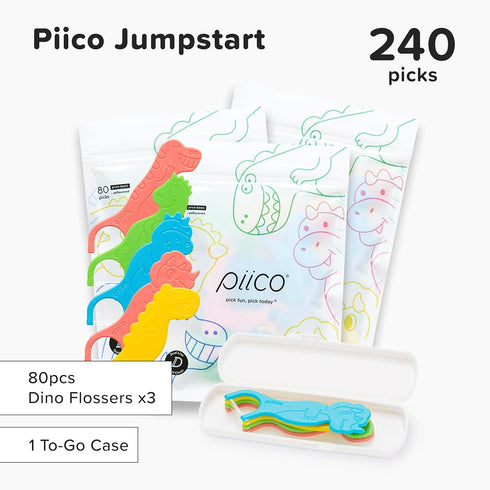 Unflavored Kids Floss, No Fluoride Dual Line Dental Floss Picks, 240 Count Dino & Travel Case