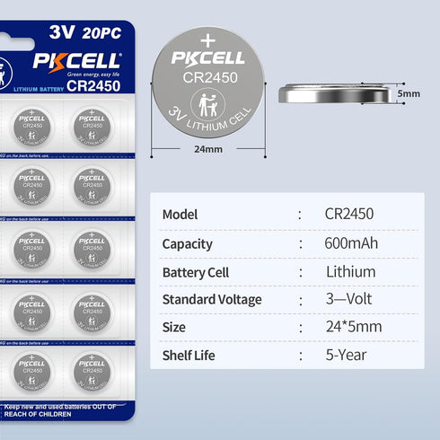 PKCELL 20 Pack CR2450 2450 3V 5-Year Battery CR Lithium Battery, Shelf Life,High Capacity, Long Lasting Power