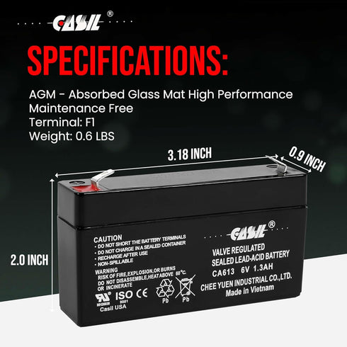 Casil 6V 1.3Ah SLA/AGM Replacement Battery – Maintenance-Free, Compatible with GE Simon 3, GE Simon XT, GE Interlogix