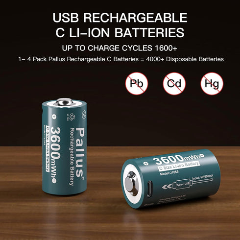 Pallus 4 1 4 Pack LR14 1.5V 3600mWh 1600x Rechargeable Lithium C Batteries with in USB-C Charging Cable, Rechargeable C