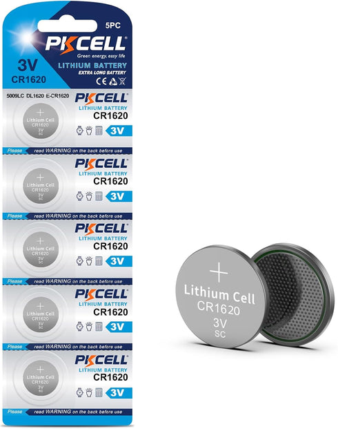 PKCELL CR1620 3V Lithium Battery, Pack of 5