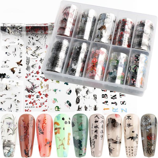 10 Rolls Traditional Chinese Style Nail Foil Transfer Stickers, Ink Painting Characters for Nail Art Decorations