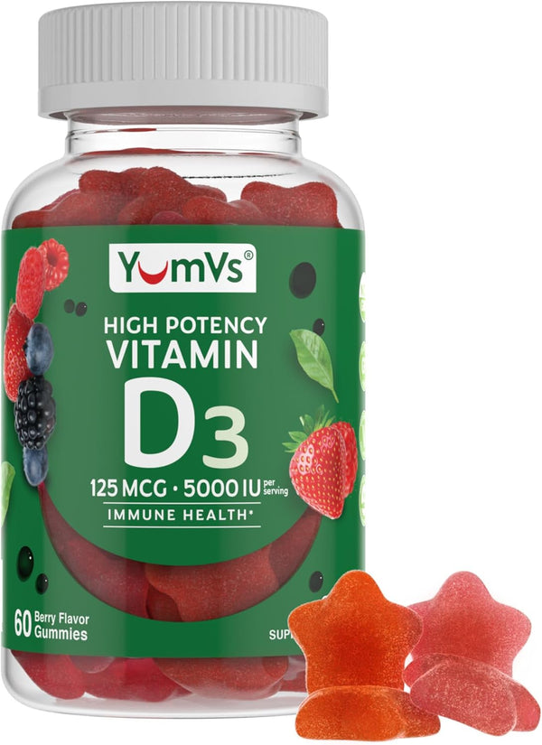 YumV's Vitamin D3 Jellies, 5000 IU, 60 Count, Daily Dietary Supplement, Mixed Berry Flavor, Vegetarian, Gluten-Free