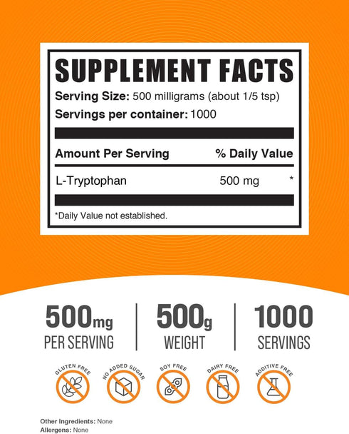 BulkSupplements.com L-Tryptophan Powder, 500mg, Gluten Free, 500g (1.1 lbs)