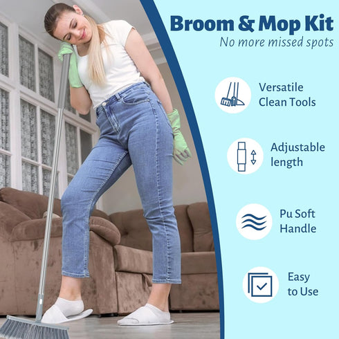 Broom and Mop Set, 3-in-1 Detachable Broom Mop Combo for House Cleaning, Collapsible Broom and Mop for rv camping,home,dorm, Extension Pole, Window Squeegee, Grey
