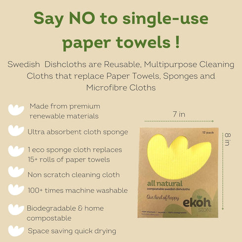 EKOH Swedish Dishcloths for Kitchen - 12 Pack, Eco Sponge Cloth, Reusable Absorbent Cleaning Cloths