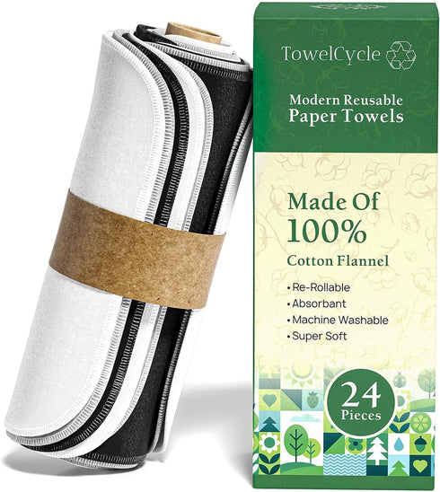 Reusable Paper Towels (24 Pack) - 100% Cotton Hand Towels for Kitchen, Zero Waste Cleaning Cloths