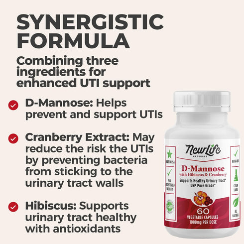 NewLife Naturals D-Mannose Capsules with Cranberry and Hibiscus Extracts, Natural Urinary Tract Health Supplement