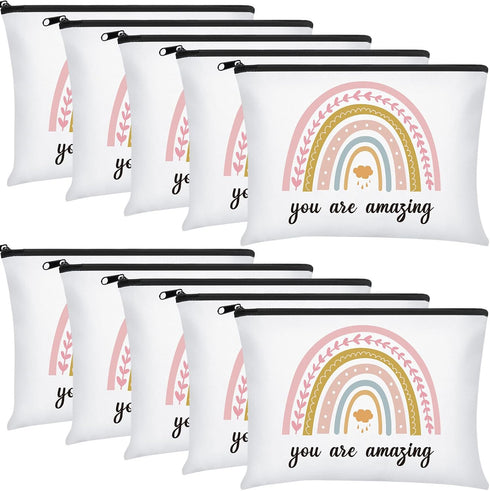 Chunful 10 Pieces Inspirational Canvas Makeup Bags for Women, Rainbow Cosmetic Bags with Zipper, Travel Toiletry Pouch