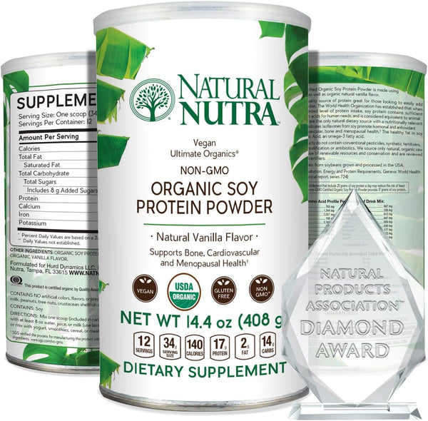 Natural Nutra Organic Vegan Plant Based Soy Protein Source Powder, Gluten Free, Non-GMO, Sugar-Free 14.4 OZ.