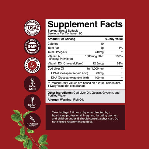 Icelandic Cod Liver Oil Softgels - Wild Caught EPA DHA Omega3 Fish Oil 1000mg per serving -Sustainably Sourced Burpless Fish Oil Supplement with Vitamin D3 & A for Heart Joint Brain and Immune Support