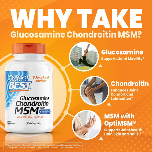 Doctor's Best Glucosamine Chondroitin MSM with OptiMSM Capsules, Joint Support Supplement, 360 Count