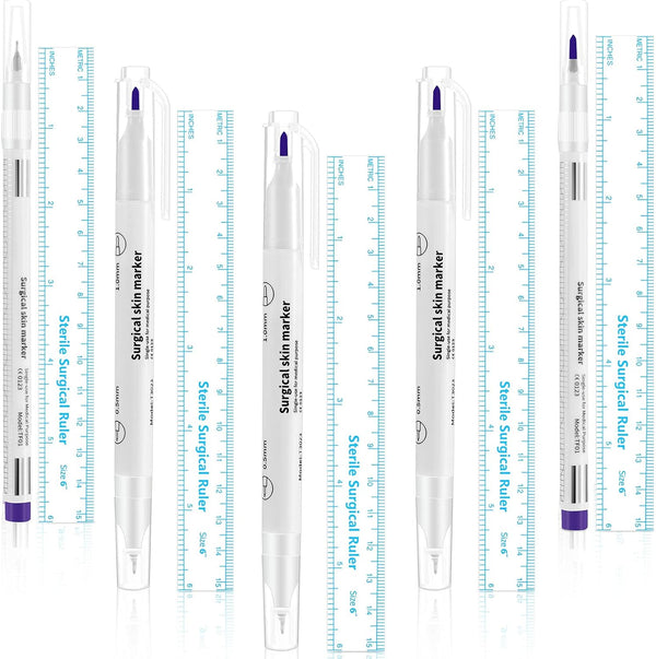 Zonon 5 Pieces Tattoo Tip Markers, Skin Marker Pen in 0.5 mm and 1 mm with Paper Ruler