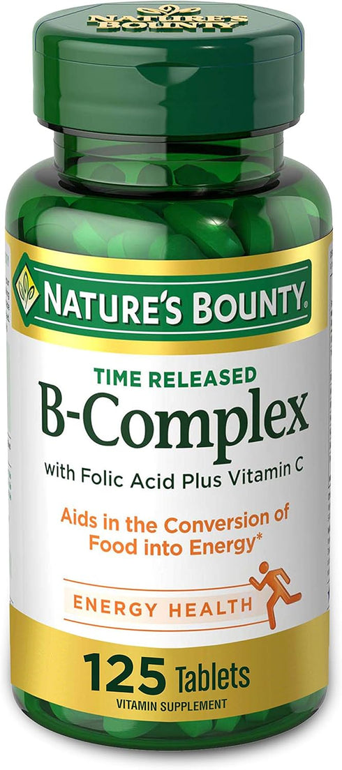 Nature's Bounty Vitamin B-Complex Time Released Supplement with Folic Acid Plus Vitamin C, 125 Count, Supports Energy