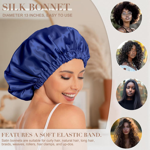 Satin Bonnet Hair Bonnet for Sleeping - Slouchy Beanie Hat for Women's Natural & Curly Hair, Navy