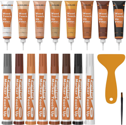 REALINN Wood Furniture Repair Kit 8 Light Colors - Fillers and Touch Up Markers for Wooden Surfaces