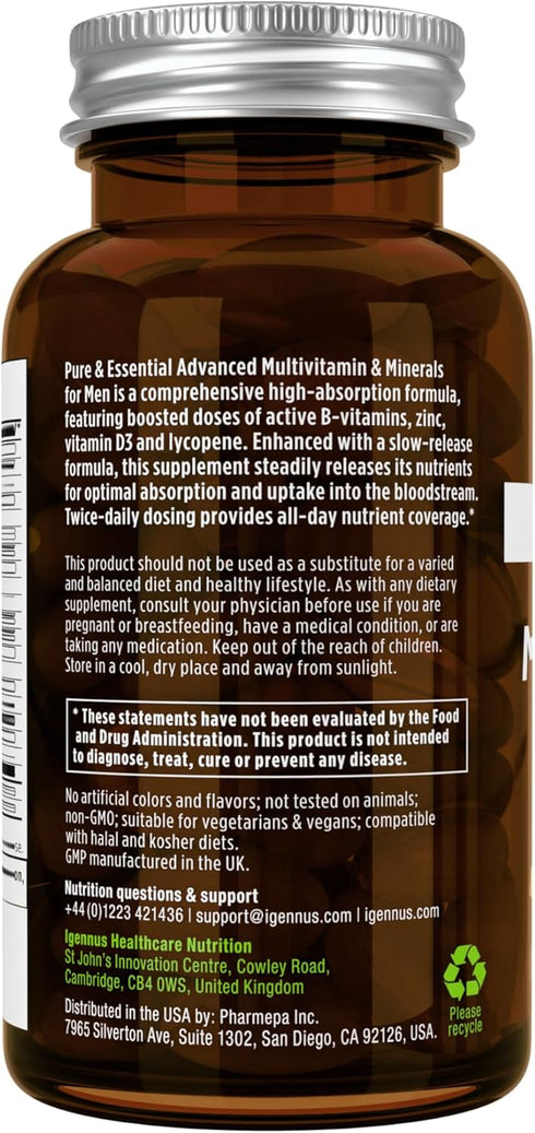 Advanced Men's Multivitamin by Igennus, High Strength Formula, Methylated B-Vitamins MTHFR Supplement, Vegan, Daily