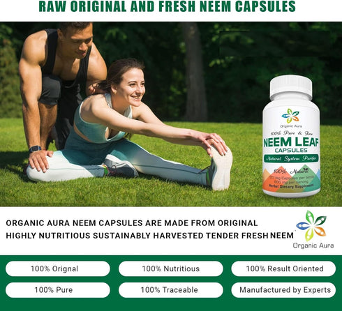 Organic Aura Neem Capsules, 100% Pure Superfood, Miracle Detoxifying Agent for Radiant Skin