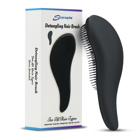 Detangling Hair Brush For Kids And Adults, Gentle Hair Care Brushes With Soft Flexible Bristles For Straight, Natural, Curly, Dry, Or Wet Styling, Helps Loosen Knots And Tangles, The Scoopie (Black)