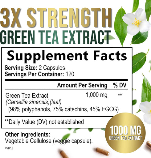 Green Tea Extract Capsules 1000mg with EGCG, 240 Capsules for Heart Support, Natural Energy
