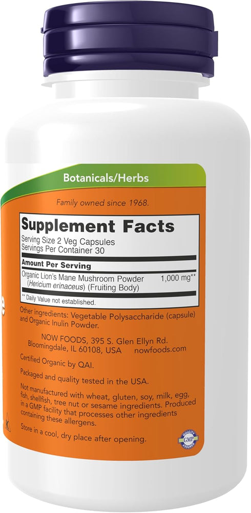 NOW Supplements, Lion's Mane 500 mg, Super Mushroom, Made with Organic Lion's Mane Mushrooms, 60 Veg Capsules
