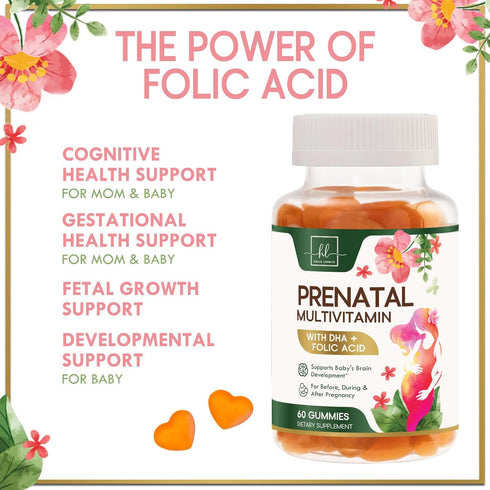 Prenatal Vitamins for Women - DHA & Folic Acid Multivitamin Gummies for Brain Development, 60 Gummies