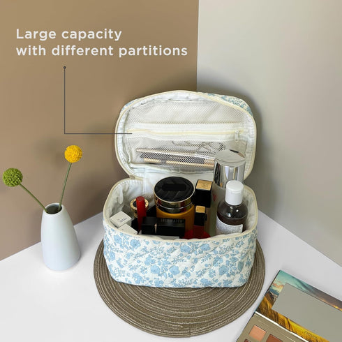 Large Travel Makeup Bag, Quilted Floral Cotton Cosmetic Organizer for Women and Girls