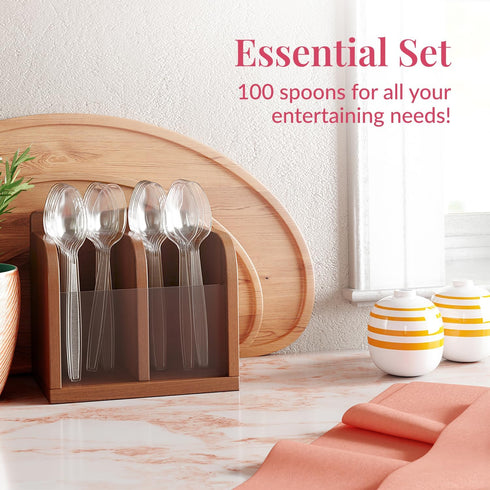 Prestee 100 Bulk Clear Plastic Spoons - Heavy Duty Disposable Silverware, Heat-Resistant Spoon Cutlery Set