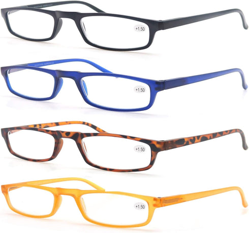 MODFANS +2.0 Reading Glasses, 4 Pairs Fashion Readers, Narrow Frame, Spring Hinge for Men and Women