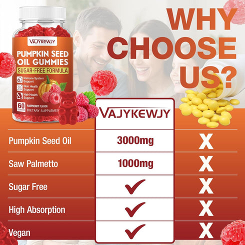 VAJYKEWJY Gummies 60 Gummies Pumpkin Seed Oil & Saw Palmetto - Hair Growth & Skin Health Supplement with High-Purity