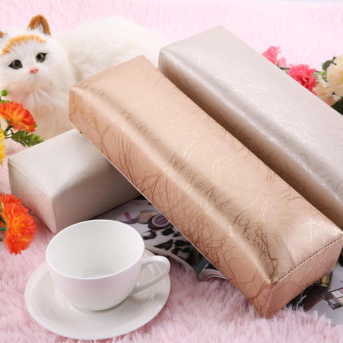 Nail Arm Rest Hand Cushion, Soft Sponge Stripe Leather Pillow for Manicure, Salon Armrest Tool (White)