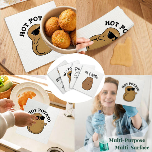 LARTSFRO 4 Pack Cute Positive Potato Swedish Dishcloths for Kitchen, Potato Gifts Swedish Dish Cloths Towels