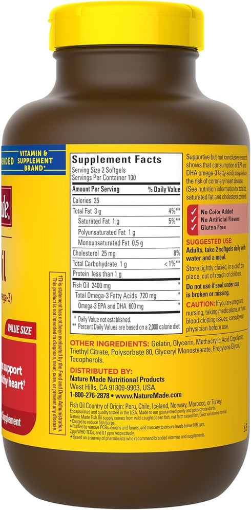 Nature Made Burp Less Fish Oil 1200 mg, Omega 3 Fish Oil for Healthy Heart Support, 200 Softgels