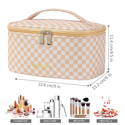 KITENROM Preppy Makeup Bag, Travel Cosmetic Bags for Women, Multi-color Checkered Small Pouch, Waterproof (Pink